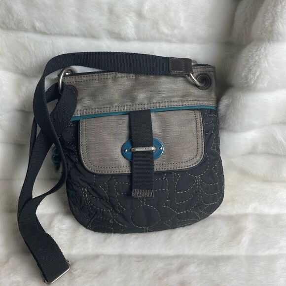 - Fossil Key-Per black quilted fabric ,gray trim and teal accents. Crossbo… - Picture 1 of 13